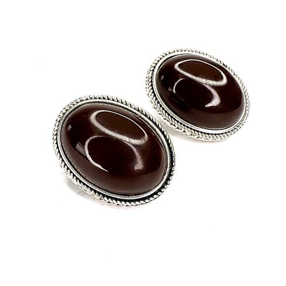 Vintage Brown Cabochon Oval Earrings Silver Metal Post Stud Dome Rounded 90s - Picture 1 of 3